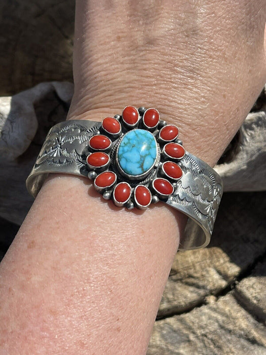 Navajo Sterling Kingman Web Turquoise & Red Coral Taos Bracelet Cuff