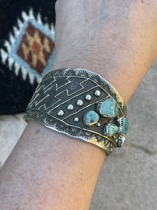 Navajo Turquoise & Sterling Silver Tufa Cast Tribal Cuff Signed Delbert Arviso