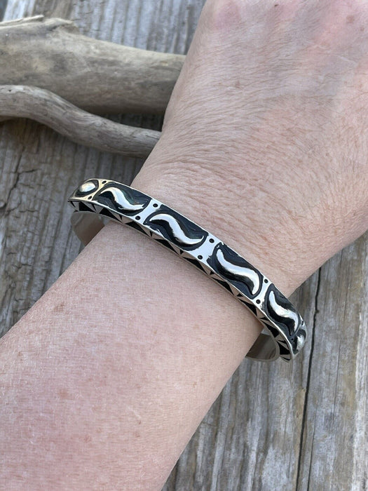 Leander Tahe Hand Stamped Sterling Navajo Bracelet Signed