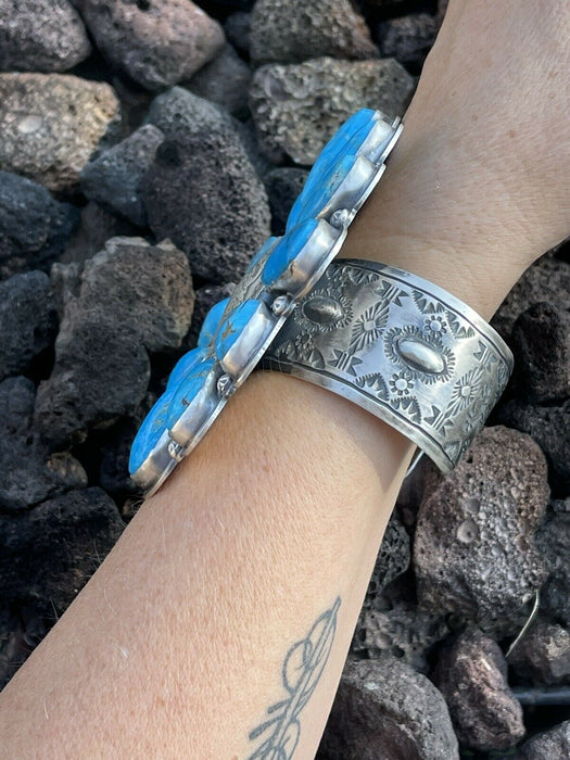 Gorgeous Navajo Sterling Silver Coin & Kingman Turquoise Bracelet Cuff