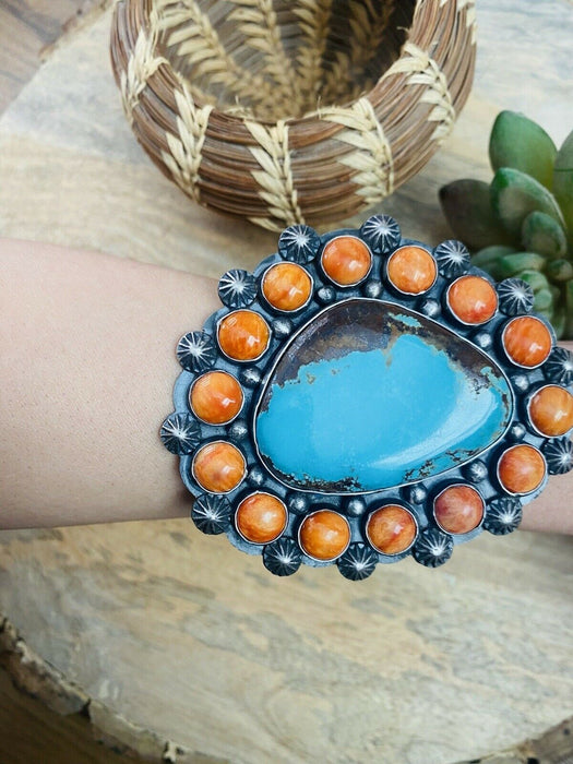 Navajo Orange Spiny, Turquoise & Sterling Silver Cuff Bracelet Signed