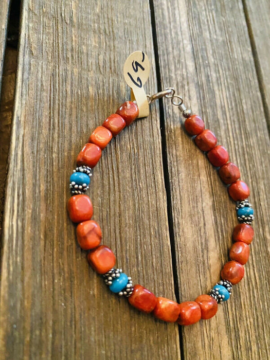 Navajo Coral, Turquoise & Sterling Silver Beaded Bracelet