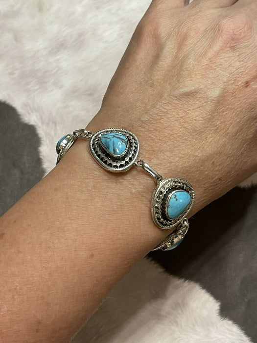 Navajo Sweet Kingman Turquoise & Sterling Silver Twist  Link Bracelet