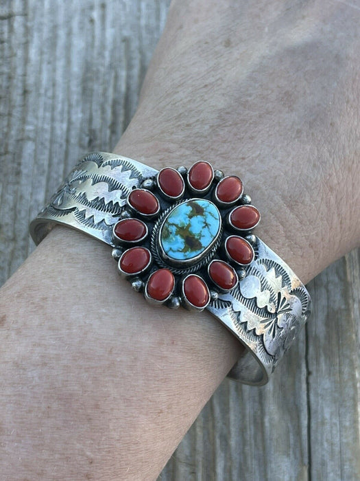 Navajo Sterling Kingman Web Turquoise & Red Coral Taos Bracelet Cuff