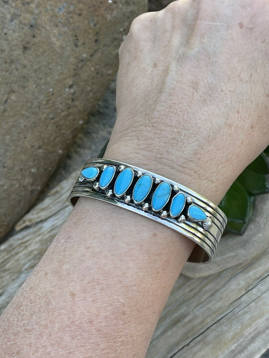 Navajo Sterling & Kingman Turquoise Stacker Cuff Bracelet Artist R. Bennett