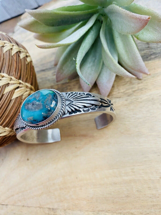 Navajo Sterling Silver & Royston Turquoise Cuff Bracelet Signed