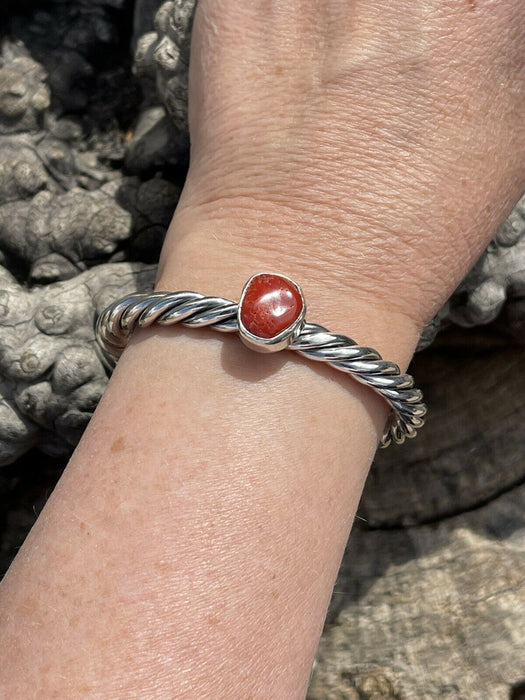 Sterling Silver Rope Twist Natural Red Coral Cuff Bracelet