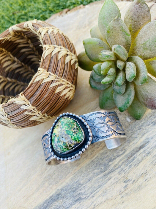 Navajo Sterling Silver & Sonoran Gold Turquoise Cuff Bracelet By Chimney Butte