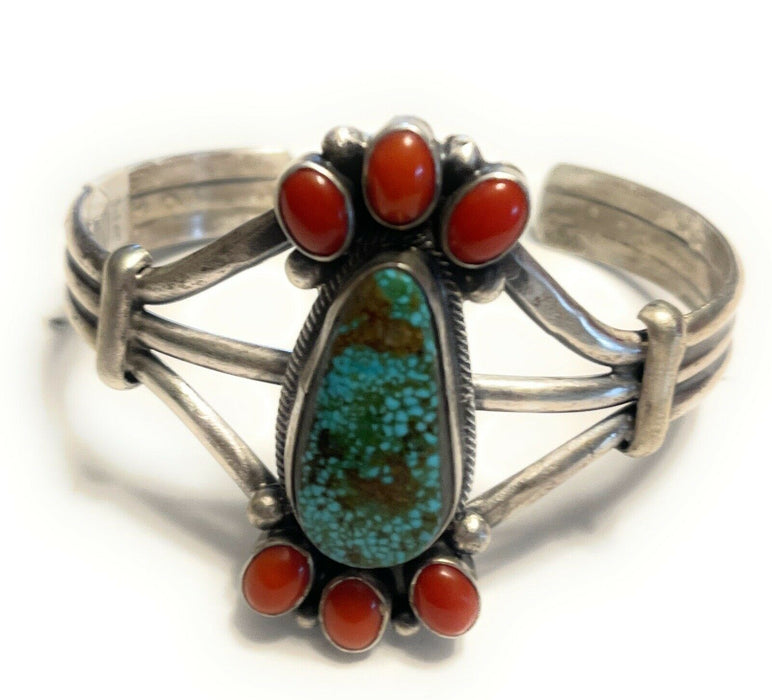 Navajo Sterling Kingman Web Turquoise & Red Coral Taos Bracelet Cuff Johnson