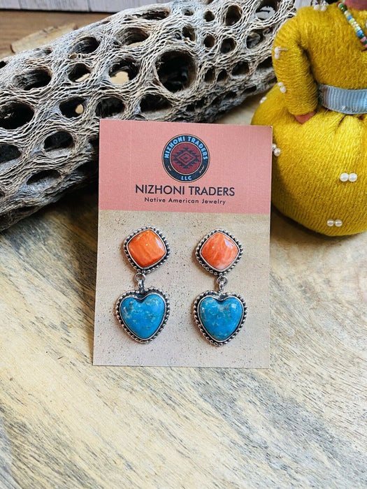 Navajo Sterling Silver, Orange Spiny & Turquoise Heart Dangle Earrings - Culture Kraze Marketplace.com