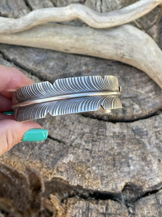 Navajo Sterling Silver Hand Stamped  Feather Bracelet Cuff