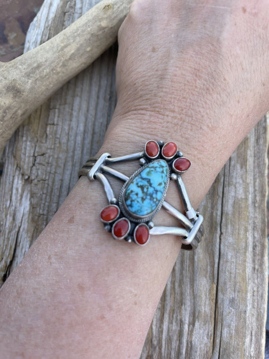 Navajo Sterling Kingman Web Turquoise & Red Coral Taos Bracelet Cuff Johnson