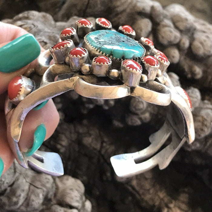 Navajo  Sterling Statement Kingman Turquoise & Natural Red Coral Bracelet Cuff