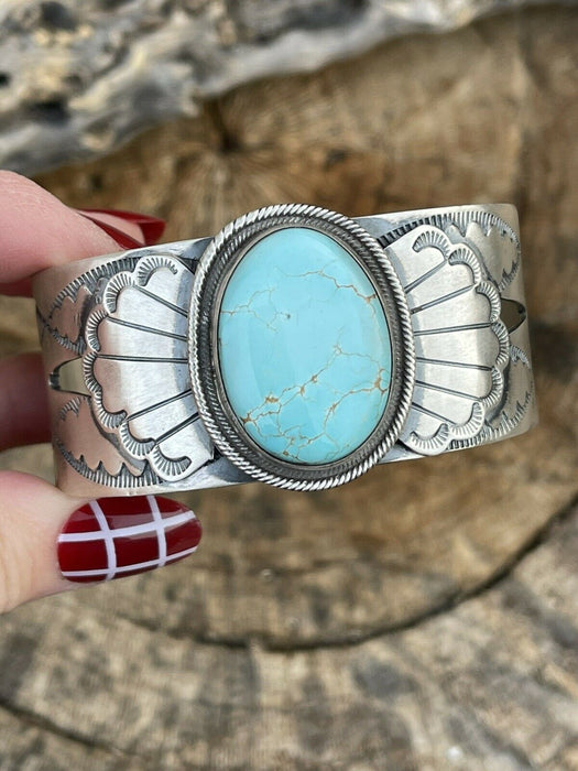 Incredible Navajo Dry Creek Turquoise And Sterling Star Silver Cuff Signed