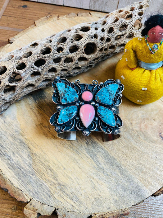 Navajo Turquoise, Pink Coral & Sterling Silver Butterfly Cuff Bracelet