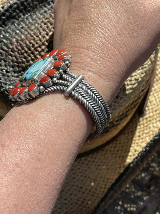 Navajo Sterling Kingman Web Turquoise & Red Coral Taos Bracelet Cuff B. Johnson