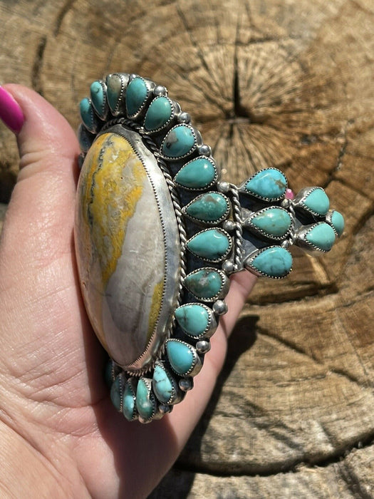 Navajo Sterling Silver Bumblebee & Turquoise Cluster Cuff Bracelet