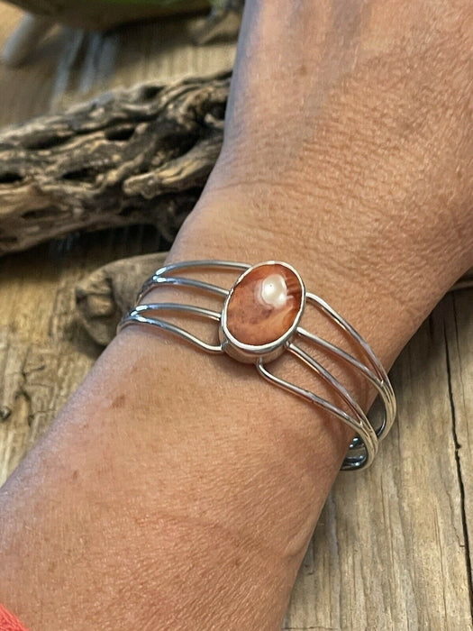 Navajo Orange Spiny Sterling Silver Bracelet Loop Cuff Stamped Begay