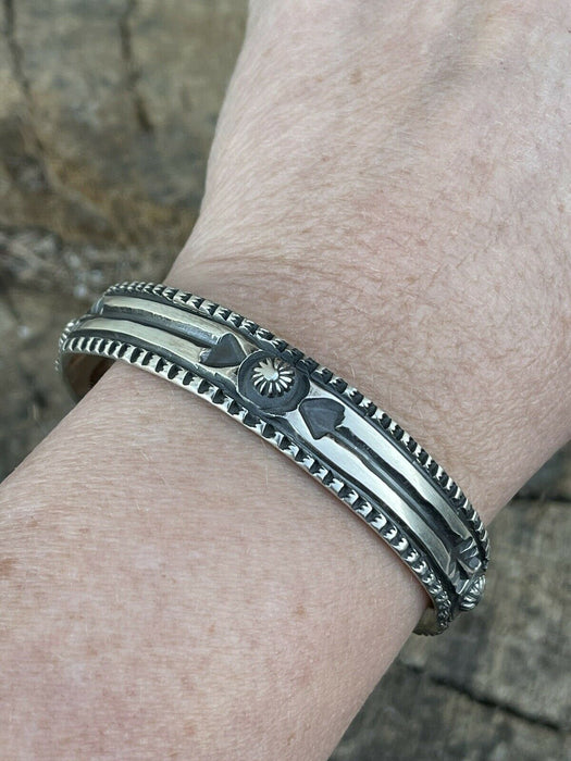 Navajo Sterling Silver Hand Stamped Bracelet Cuff By Artist Elvira Bill