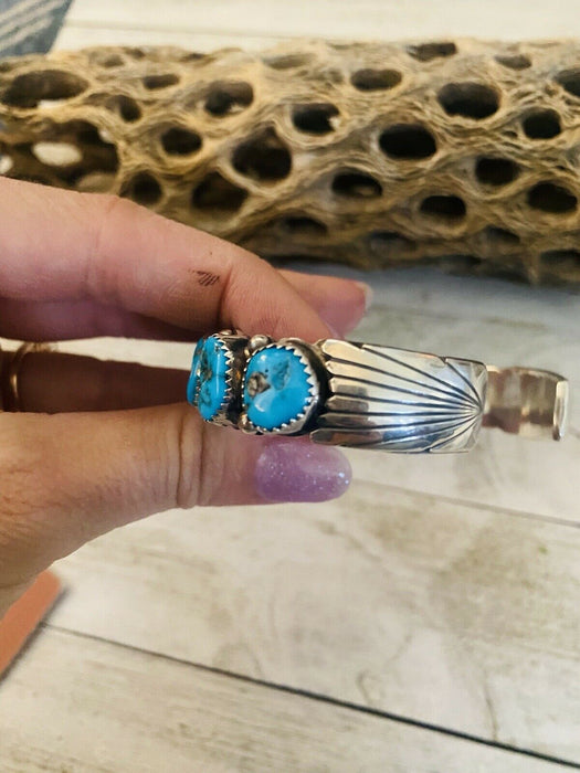 Navajo Sterling Cuff & Kingman Turquoise Cuff Bracelet By Wilbert Muskett