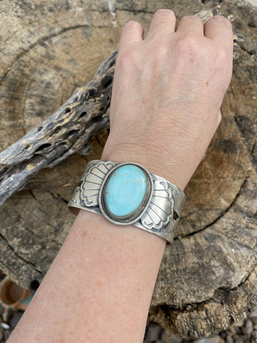 Incredible Navajo Dry Creek Turquoise And Sterling Star Silver Cuff Signed