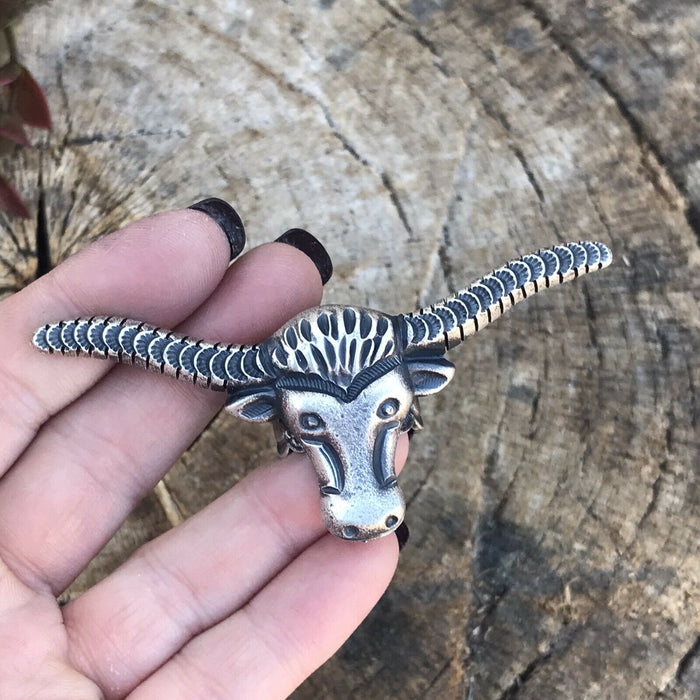 Navajo Sterling Silver Longhorn Statement Necklace By Artist Kevin Billah