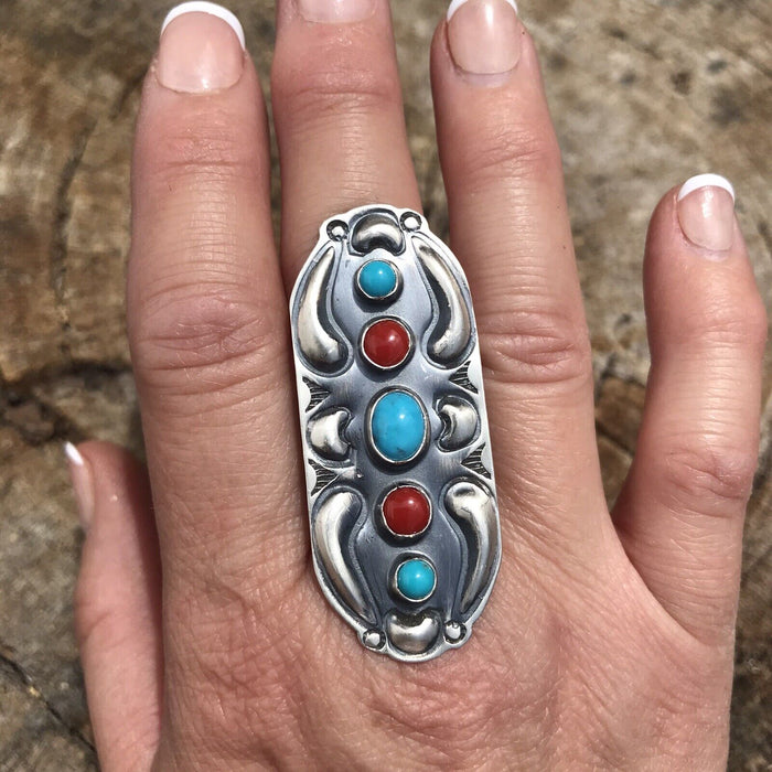 Navajo Sterling Silver Turquoise Coral 5 Stone Ring - Culture Kraze Marketplace.com