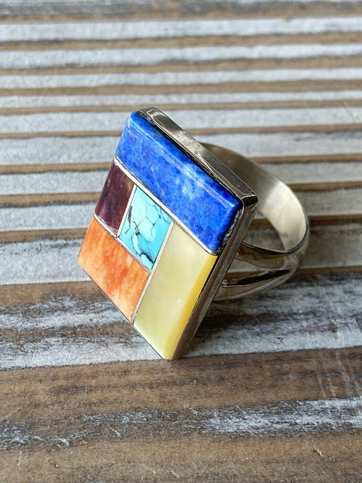 Navajo Inlay Multi Stone & Sterling Silver Ring Sz 12 Signed - Culture Kraze Marketplace.com