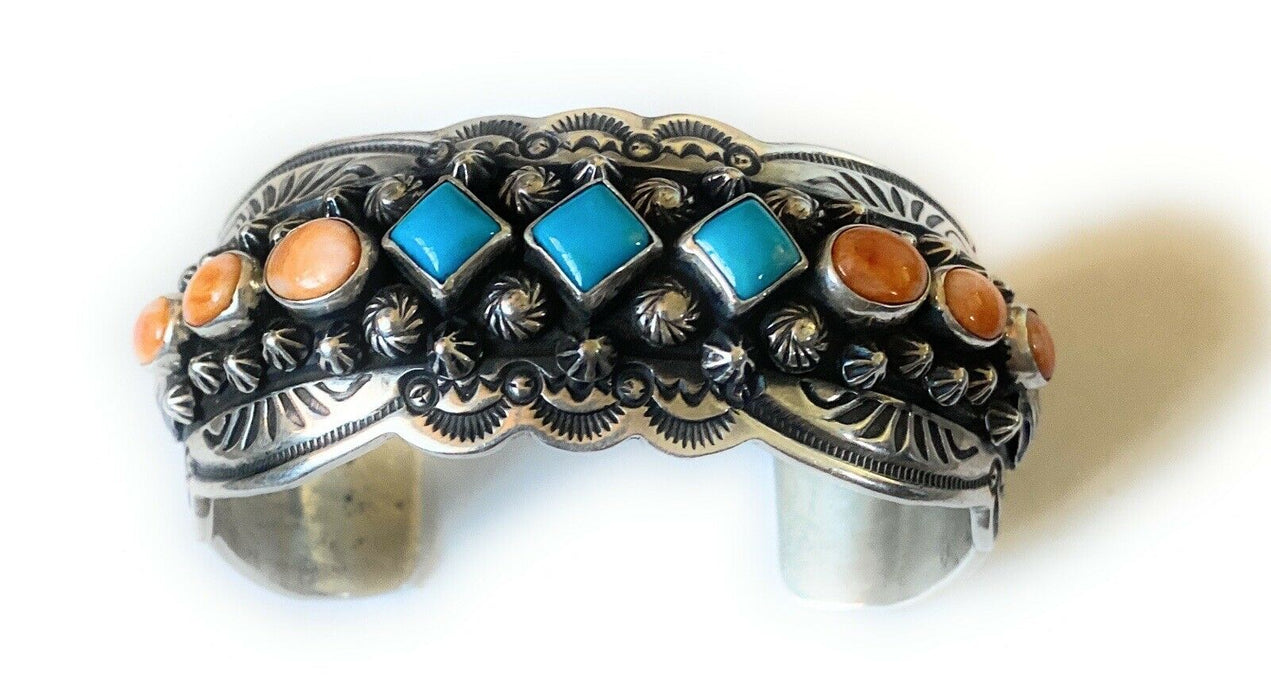 Navajo Orange Spiny, Turquoise & Sterling Silver Cuff Bracelet By Darryl Becenti