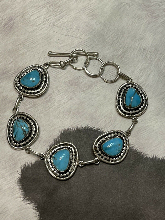 Navajo Sweet Kingman Turquoise & Sterling Silver Twist  Link Bracelet