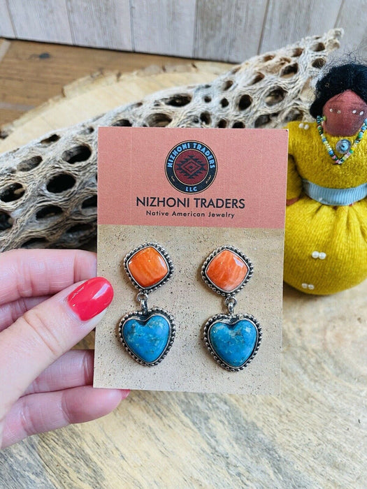 Navajo Sterling Silver, Orange Spiny & Turquoise Heart Dangle Earrings - Culture Kraze Marketplace.com