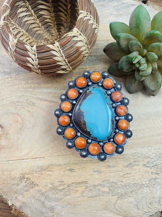 Navajo Orange Spiny, Turquoise & Sterling Silver Cuff Bracelet Signed