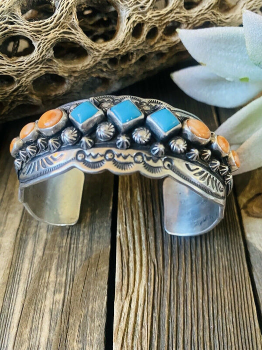 Navajo Orange Spiny, Turquoise & Sterling Silver Cuff Bracelet By Darryl Becenti