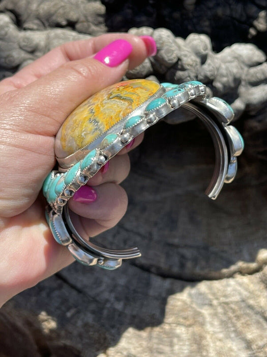 Navajo Sterling Silver Bumblebee & Turquoise Cluster Cuff Bracelet