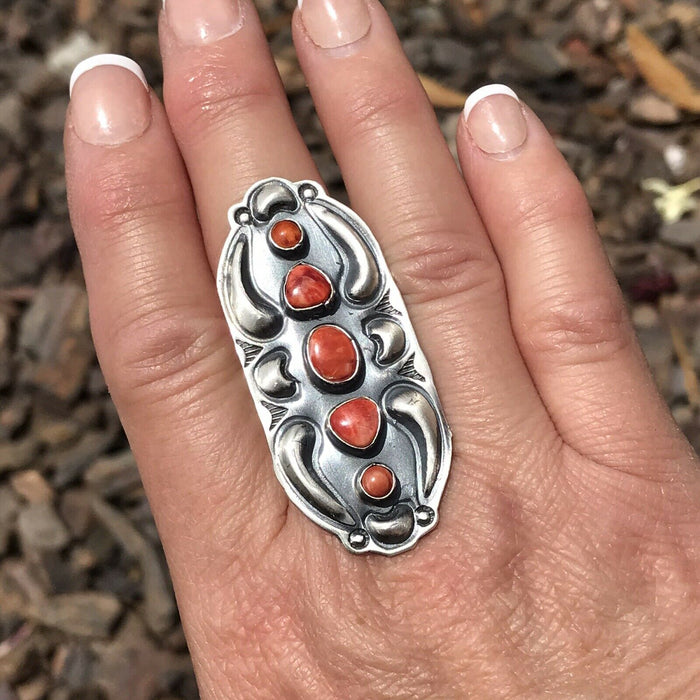 Navajo Sterling Silver Orange Spiny Oyster 5 Stone Ring - Culture Kraze Marketplace.com