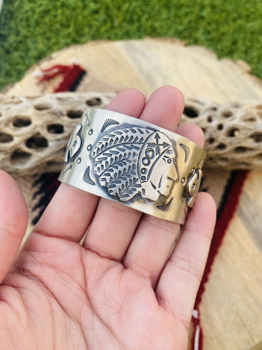 Navajo Sterling Silver Hand Stamped Native American Chief Cuff Bracelet