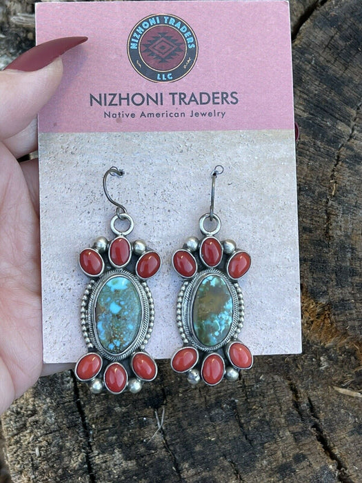 Navajo Sterling Kingman Turquoise Natural Red Coral Necklace Set Taos Collection