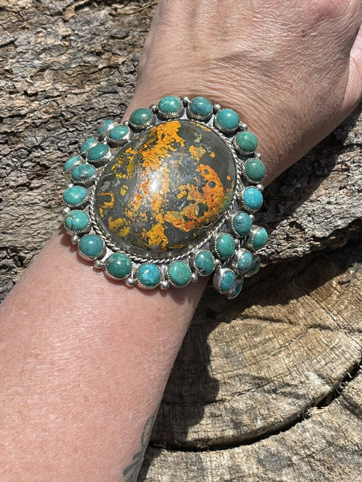 Navajo Sterling Silver Bumblebee & Turquoise Cluster Cuff Bracelet