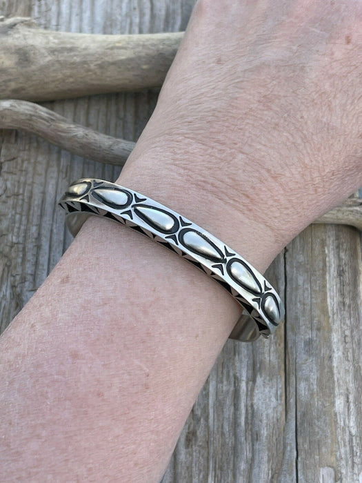 Leander Tahe Hand Stamped Sterling Navajo Bracelet Signed