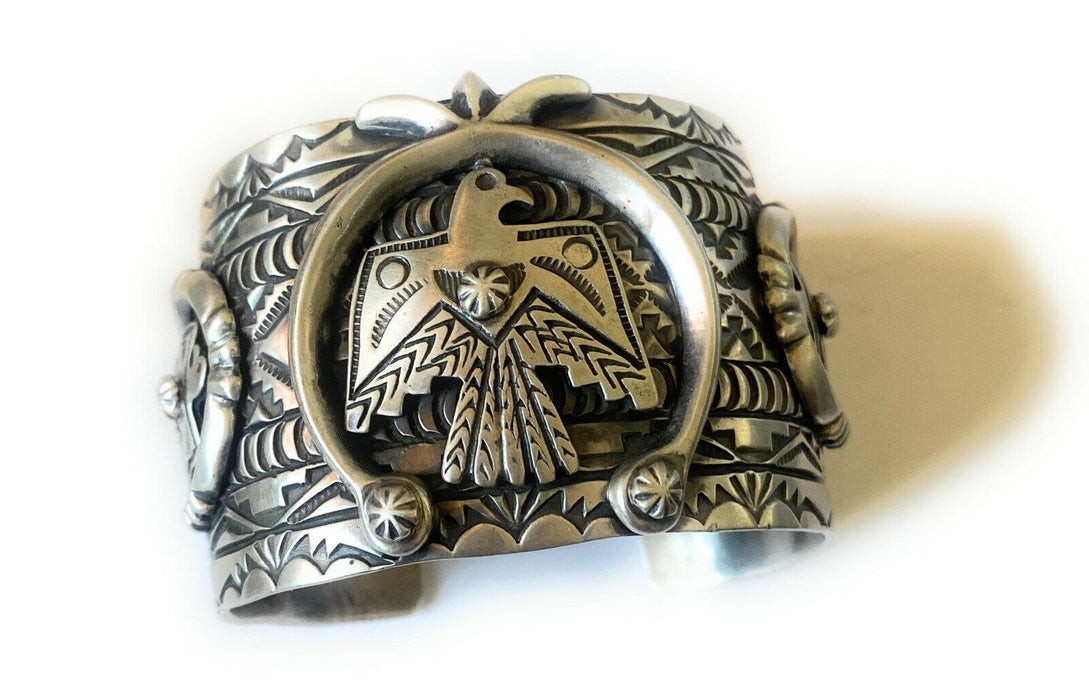 Navajo Hand Stamped Sterling Silver Thunderbird Cuff Made By Rick Enriquez