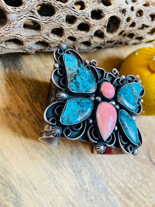 Navajo Turquoise, Pink Coral & Sterling Silver Butterfly Cuff Bracelet