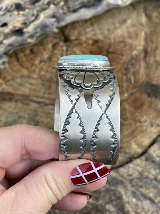 Incredible Navajo Dry Creek Turquoise And Sterling Star Silver Cuff Signed