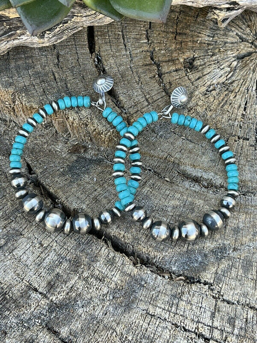 Navajo Sterling Silver Turquoise Stone Post Hoop Earrings - Culture Kraze Marketplace.com