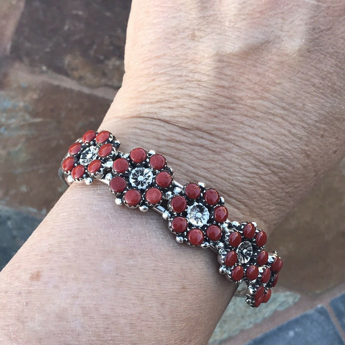 Navajo Coral & Sterling Silver Cuff Bracelet And Ring Set. Signed And Stamped