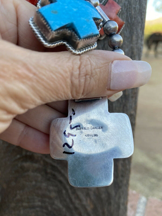 Buffalo Dancer Kingman Turquoise & Spiny Sterling Cross Beaded Necklace Signed