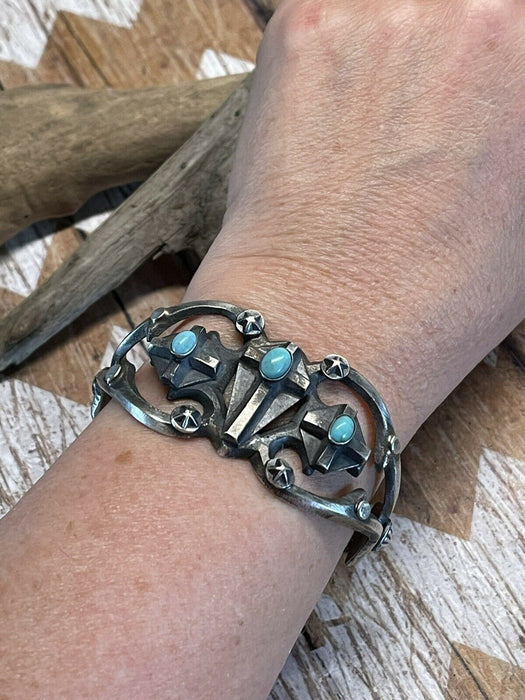 Navajo Sterling Silver Turquoise Cross Cuff Bracelet By Chimney Butte Signed