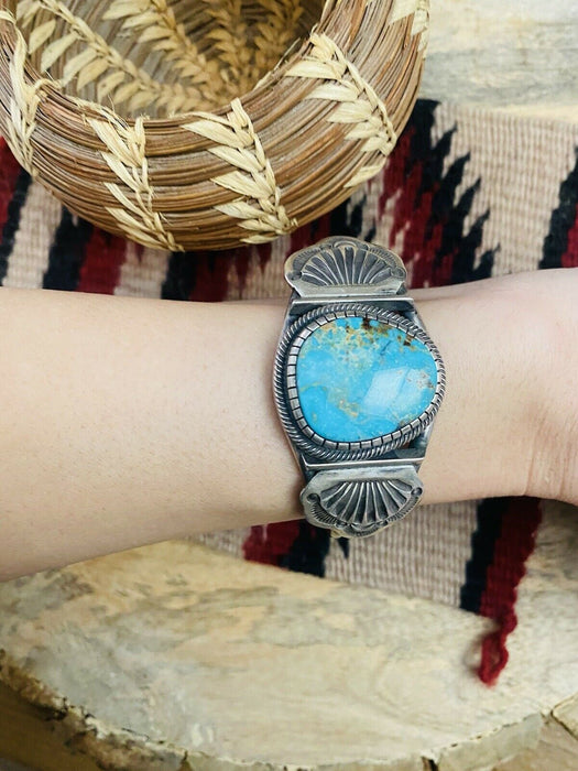 Vintage Navajo Turquoise & Sterling Silver Cuff Bracelet Signed