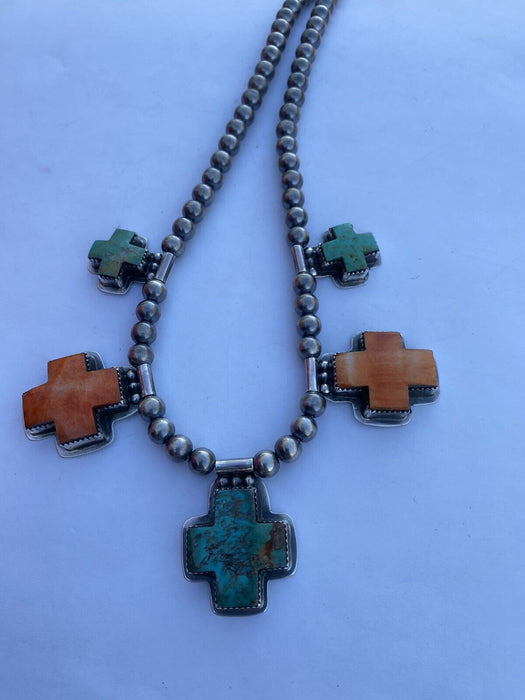 Buffalo Dancer Kingman Turquoise & Spiny Sterling Cross Beaded Necklace Signed - Culture Kraze Marketplace.com