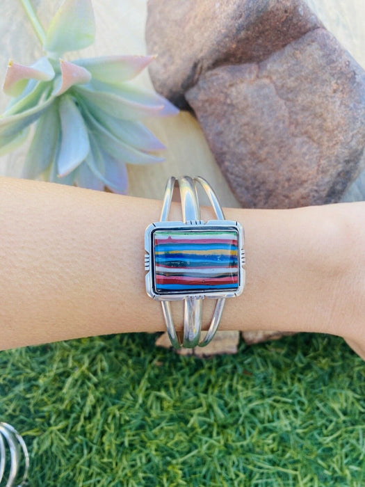 Navajo Sterling Silver & Rainbow  Rectangle Cuff Bracelet