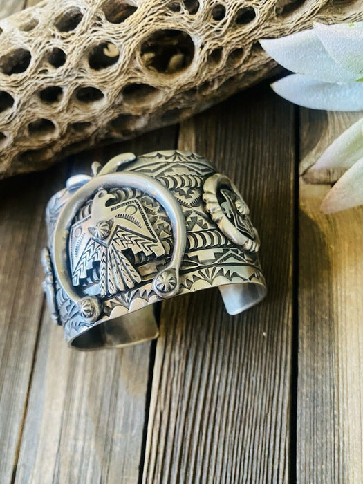 Navajo Hand Stamped Sterling Silver Thunderbird Cuff Made By Rick Enriquez